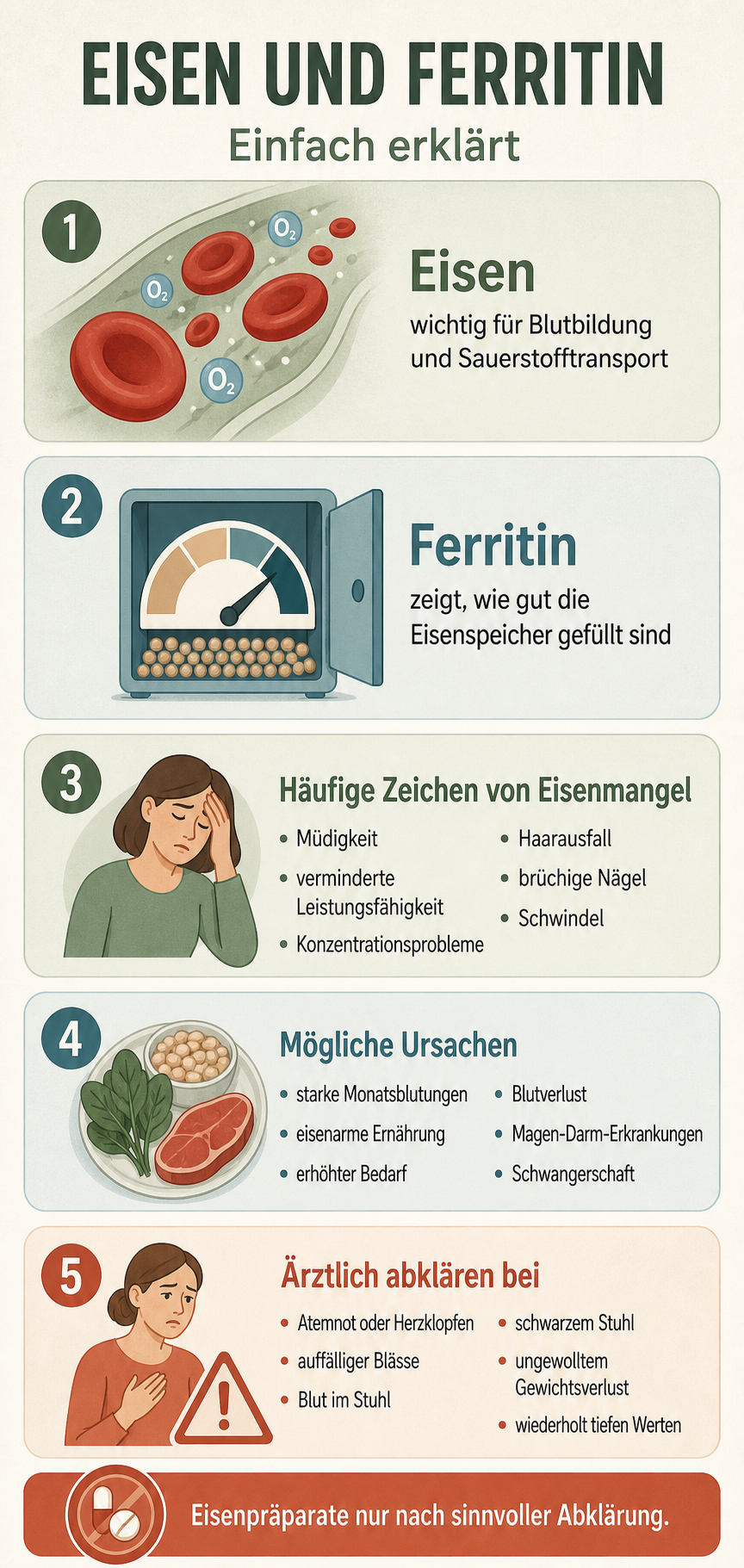 Infografik zu Eisen und Ferritin: Blutbildung, Eisenspeicher, mögliche Mangelsymptome, Ursachen und Warnzeichen.