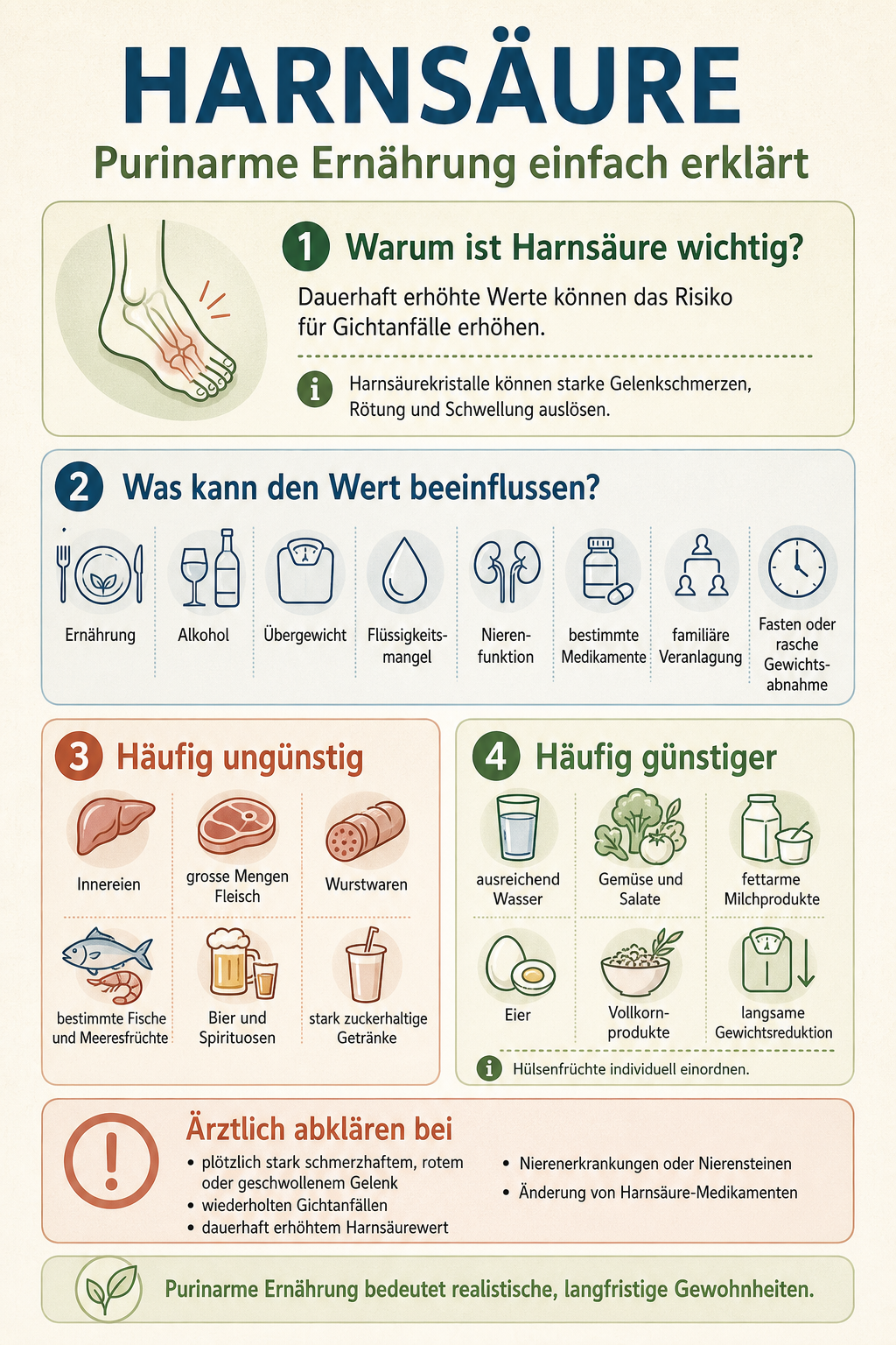 Infografik zu Harnsäure und purinarmer Ernährung mit geeigneten Lebensmitteln und Alltagstipps