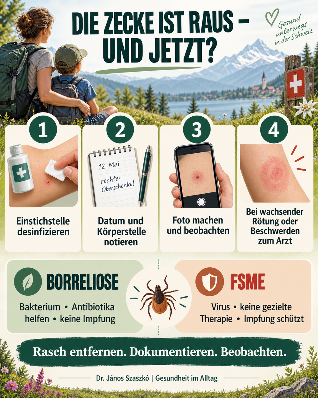 Infografik: Was nach dem Entfernen einer Zecke zu tun ist und wie sich Borreliose und FSME unterscheiden.